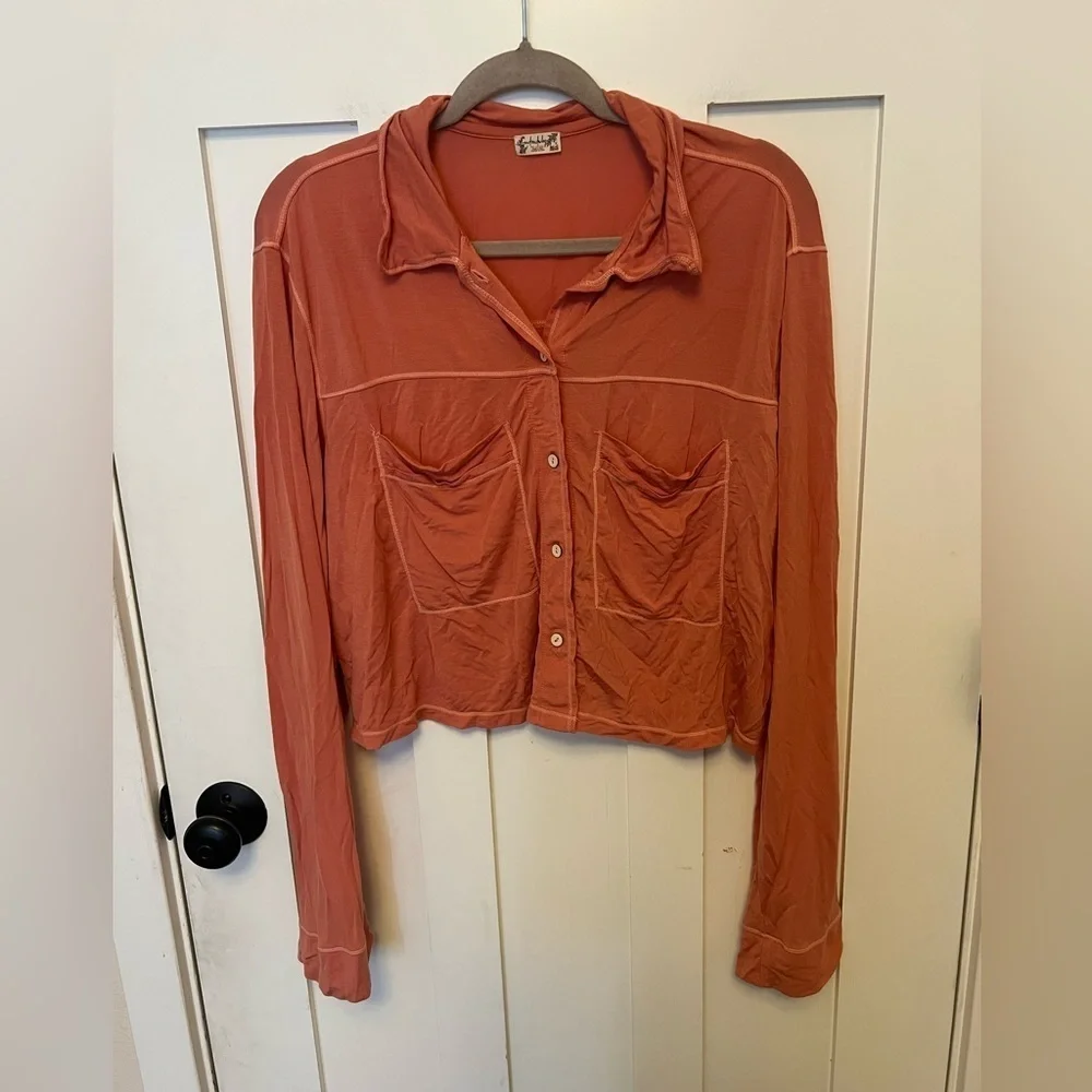 Free People Essentials Pajama Top Size L Button Front Long Sleeve Cropped peach